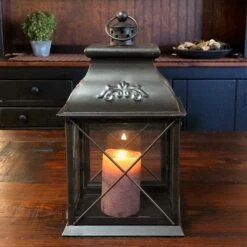 Candle Lantern Holder - Antique Black Lantern - 10.5in
