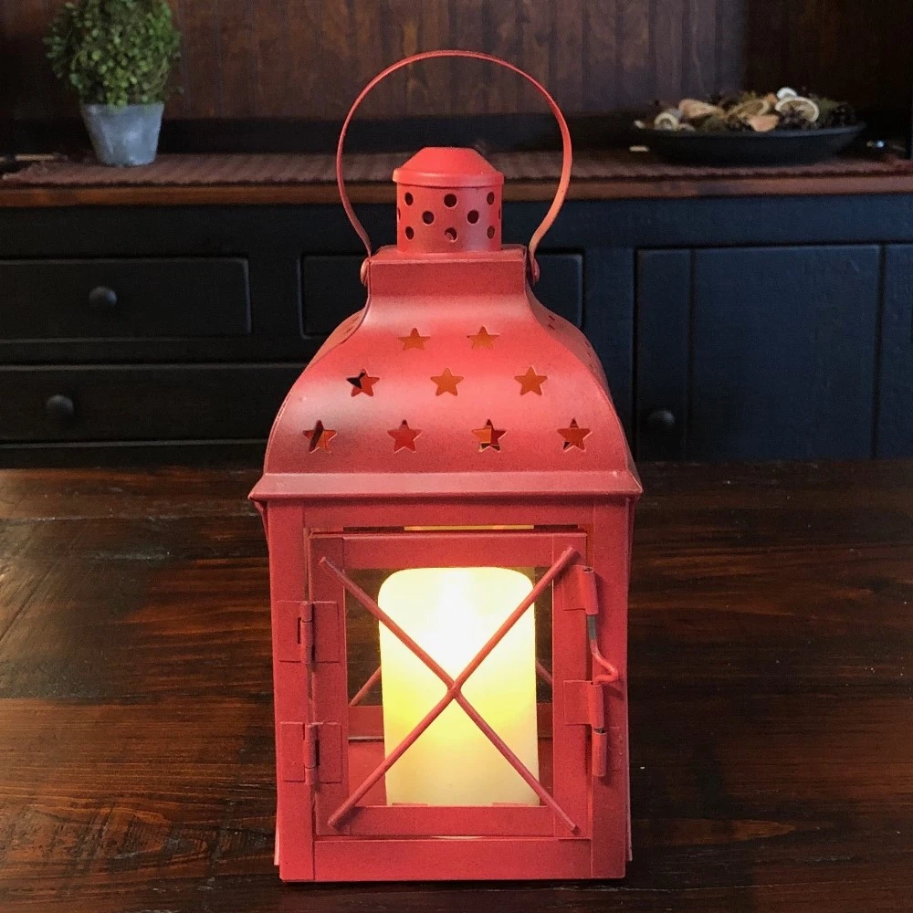 Candle Lantern Holder - Antique Red Star Lantern - 8.5in 3 Candle Lantern Holder - Antique Red Star Lantern - 8.5in
