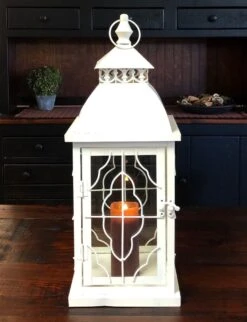 Candle Lantern Holder - Rustic Cream Deco Wire Lantern - 18.5in