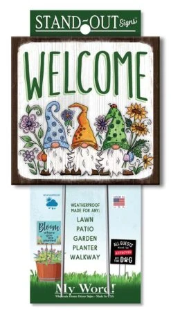 Gnome Welcome Sign For Yard - 3 Gnomes/Flowers - 8in