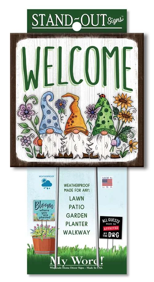 Gnome Welcome Sign For Yard - 3 Gnomes/Flowers - 8in 3 Gnome Welcome Sign For Yard - 3 Gnomes/Flowers - 8in