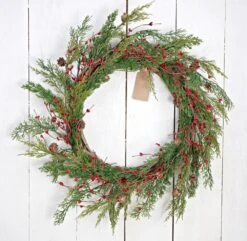 Holiday Artificial Wreath - Evergreen Pine With Red Pip Berries - 24 Inch