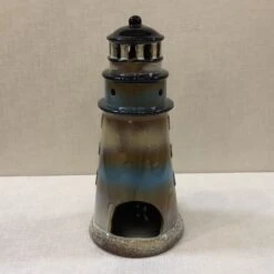 Lighthouse Candle Holder - Natural/Brown/Blue - 9.5in -Christmas Store lighthouse candle holder natural brown blue 9 5in 19
