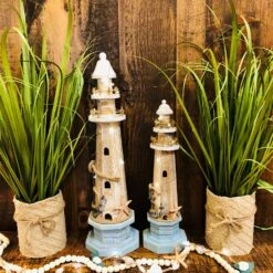 Lighthouse Statue - Weathered Wood - LED Timer Lights - 15in -Christmas Store lighthouse statue weathered wood led timer lights 14in 28