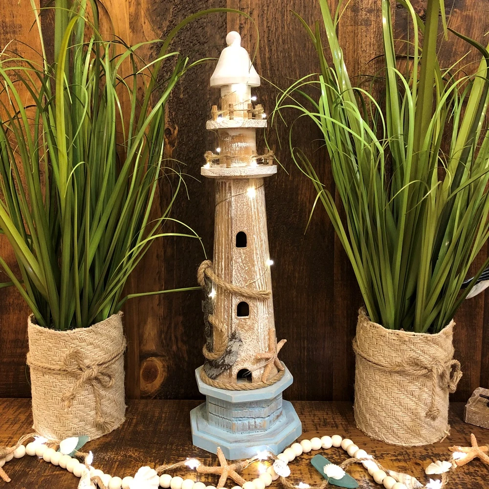 Lighthouse Statue - Weathered Wood - LED Timer Lights - 20in 4 Lighthouse Statue - Weathered Wood - LED Timer Lights - 20in - Image 2