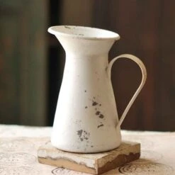 Metal Pitcher - White Distressed - 8in H