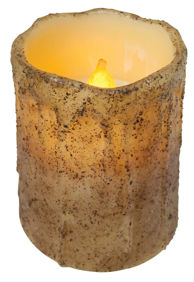 Primitive Battery-Operated Pillar Candle With Timer - Burnt Ivory - 4in X 3in 3 Primitive Battery-Operated Pillar Candle With Timer - Burnt Ivory - 4in X 3in