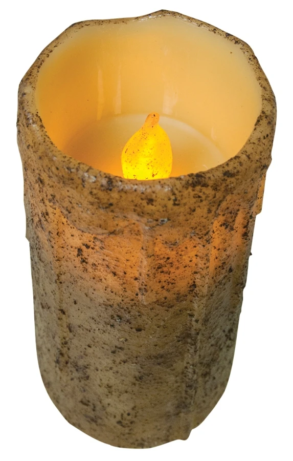 Primitive Battery-Operated Pillar Candle With Timer - Burnt Ivory - 6in X 3in 3 Primitive Battery-Operated Pillar Candle With Timer - Burnt Ivory - 6in X 3in