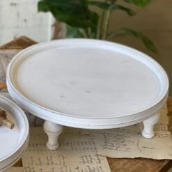 Single Tier Round Wooden Tray - Turned Legs - 14in X 4.25in